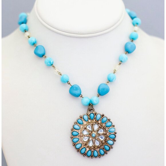 18 inch, Vintage Mandala Turquoise Floral Necklace Gold Tone Necklace - CP1 - Picture 2 of 3